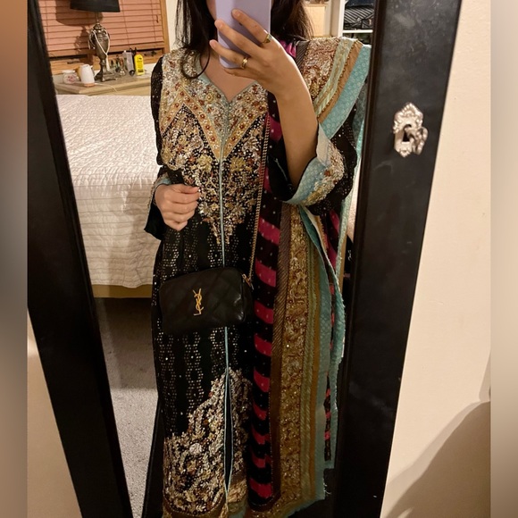Pakistani Black Gold Pink and Blue Shalwar Kameez - Picture 3 of 15